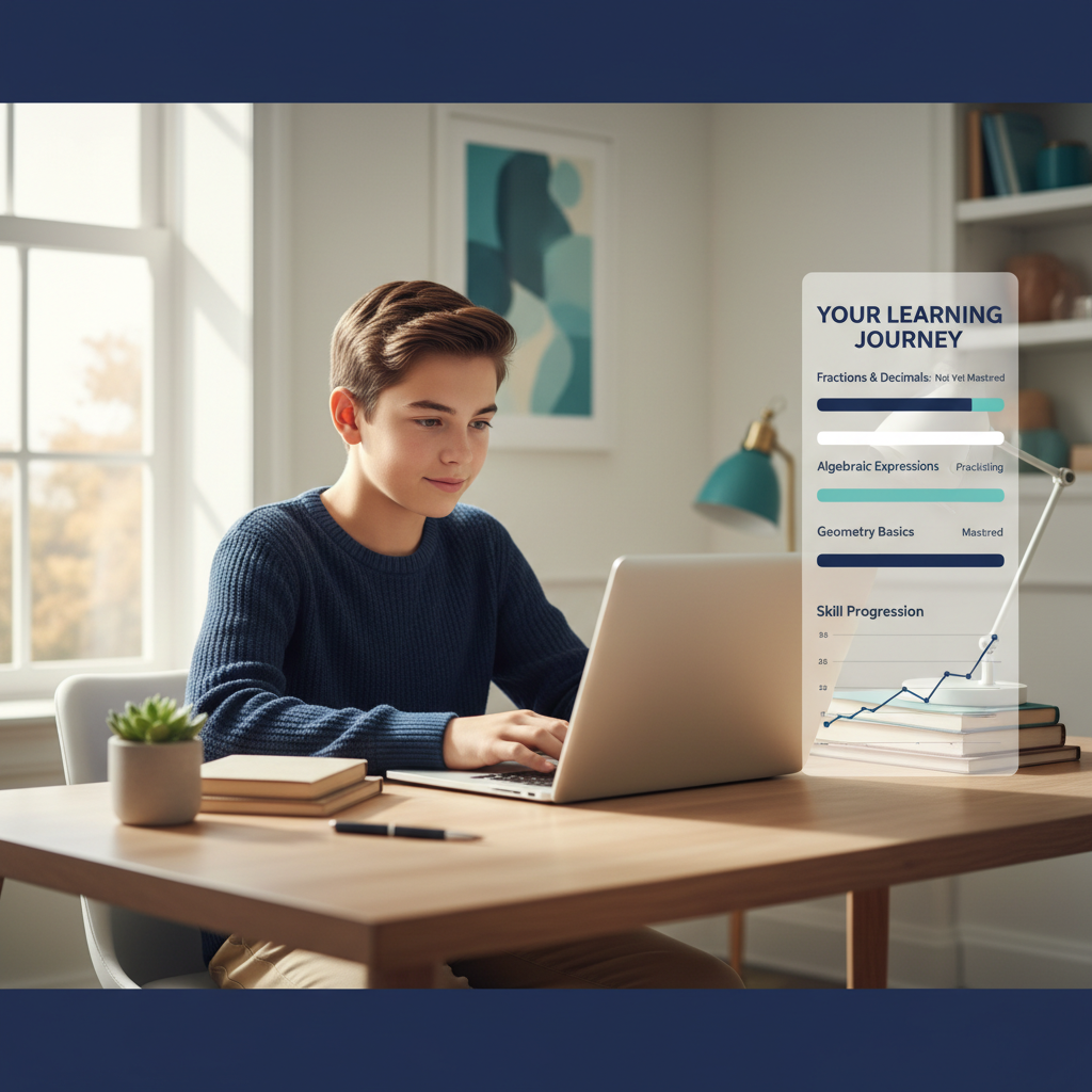 Grade 6-8 student working confidently on laptop in bright modern study space with math skill mastery dashboard showing progress bars and performance metrics in navy, white, and teal color scheme